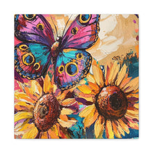 Load image into Gallery viewer, Colorful Butterfly and Sunflowers Canvas Art, Nature Wall Decor, Flower Artwork, Gift for Home, Boho Decor, Vibrant Art Print