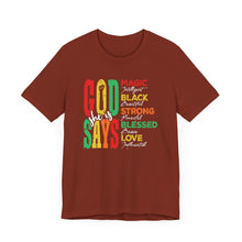 Load image into Gallery viewer, Inspirational Unisex Jersey Short Sleeve Tee - "God Says" Empowering Message