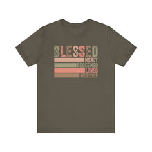 Load image into Gallery viewer, Blessed Unisex Jersey Short Sleeve Tee - Mercy, Redeemed, Loved, Worship
