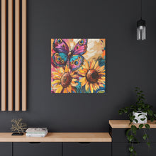 Load image into Gallery viewer, Colorful Butterfly and Sunflowers Canvas Art, Nature Wall Decor, Flower Artwork, Gift for Home, Boho Decor, Vibrant Art Print