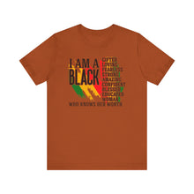 Load image into Gallery viewer, Empowered Black Woman Tee - I AM A BLACK Heart Design - Unisex Jersey Short Sleeve