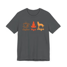 Load image into Gallery viewer, Coffee Yoga Dogs Unisex Jersey Tee - Perfect for Pet Lovers and Yoga Enthusiasts