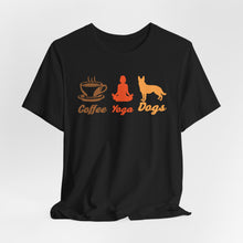 Load image into Gallery viewer, Coffee Yoga Dogs Unisex Jersey Tee - Perfect for Pet Lovers and Yoga Enthusiasts