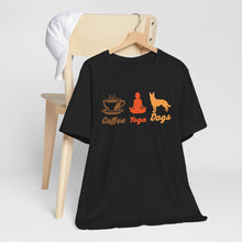 Load image into Gallery viewer, Coffee Yoga Dogs Unisex Jersey Tee - Perfect for Pet Lovers and Yoga Enthusiasts