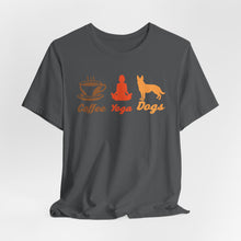 Load image into Gallery viewer, Coffee Yoga Dogs Unisex Jersey Tee - Perfect for Pet Lovers and Yoga Enthusiasts