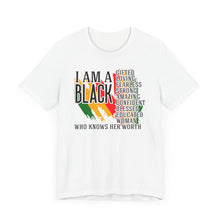Load image into Gallery viewer, Empowered Black Woman Tee - I AM A BLACK Heart Design - Unisex Jersey Short Sleeve