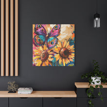 Load image into Gallery viewer, Colorful Butterfly and Sunflowers Canvas Art, Nature Wall Decor, Flower Artwork, Gift for Home, Boho Decor, Vibrant Art Print