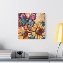 Load image into Gallery viewer, Colorful Butterfly and Sunflowers Canvas Art, Nature Wall Decor, Flower Artwork, Gift for Home, Boho Decor, Vibrant Art Print
