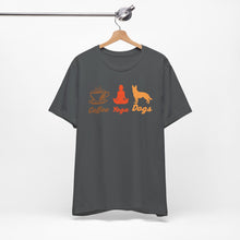 Load image into Gallery viewer, Coffee Yoga Dogs Unisex Jersey Tee - Perfect for Pet Lovers and Yoga Enthusiasts