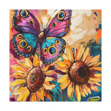 Load image into Gallery viewer, Colorful Butterfly and Sunflowers Canvas Art, Nature Wall Decor, Flower Artwork, Gift for Home, Boho Decor, Vibrant Art Print