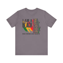 Load image into Gallery viewer, Empowered Black Woman Tee - I AM A BLACK Heart Design - Unisex Jersey Short Sleeve