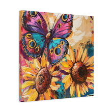 Load image into Gallery viewer, Colorful Butterfly and Sunflowers Canvas Art, Nature Wall Decor, Flower Artwork, Gift for Home, Boho Decor, Vibrant Art Print