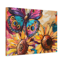 Load image into Gallery viewer, Colorful Butterfly and Sunflowers Canvas Art, Nature Wall Decor, Flower Artwork, Gift for Home, Boho Decor, Vibrant Art Print