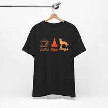 Load image into Gallery viewer, Coffee Yoga Dogs Unisex Jersey Tee - Perfect for Pet Lovers and Yoga Enthusiasts