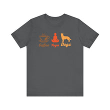 Load image into Gallery viewer, Coffee Yoga Dogs Unisex Jersey Tee - Perfect for Pet Lovers and Yoga Enthusiasts