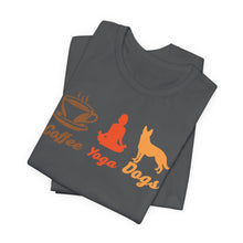 Load image into Gallery viewer, Coffee Yoga Dogs Unisex Jersey Tee - Perfect for Pet Lovers and Yoga Enthusiasts