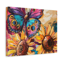 Load image into Gallery viewer, Colorful Butterfly and Sunflowers Canvas Art, Nature Wall Decor, Flower Artwork, Gift for Home, Boho Decor, Vibrant Art Print
