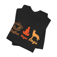 Load image into Gallery viewer, Coffee Yoga Dogs Unisex Jersey Tee - Perfect for Pet Lovers and Yoga Enthusiasts