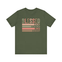 Load image into Gallery viewer, Blessed Unisex Jersey Short Sleeve Tee - Mercy, Redeemed, Loved, Worship