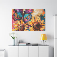 Load image into Gallery viewer, Colorful Butterfly and Sunflowers Canvas Art, Nature Wall Decor, Flower Artwork, Gift for Home, Boho Decor, Vibrant Art Print