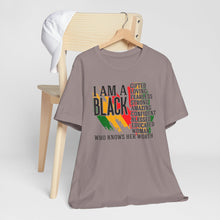 Load image into Gallery viewer, Empowered Black Woman Tee - I AM A BLACK Heart Design - Unisex Jersey Short Sleeve