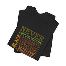 Load image into Gallery viewer, Empowering Unisex Jersey Tee - 'Never Apologize For Your Black Skin'