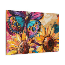 Load image into Gallery viewer, Colorful Butterfly and Sunflowers Canvas Art, Nature Wall Decor, Flower Artwork, Gift for Home, Boho Decor, Vibrant Art Print