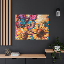 Load image into Gallery viewer, Colorful Butterfly and Sunflowers Canvas Art, Nature Wall Decor, Flower Artwork, Gift for Home, Boho Decor, Vibrant Art Print
