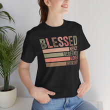 Load image into Gallery viewer, Blessed Unisex Jersey Short Sleeve Tee - Mercy, Redeemed, Loved, Worship