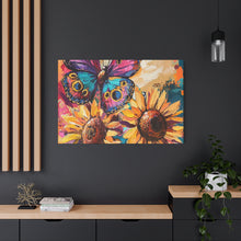 Load image into Gallery viewer, Colorful Butterfly and Sunflowers Canvas Art, Nature Wall Decor, Flower Artwork, Gift for Home, Boho Decor, Vibrant Art Print