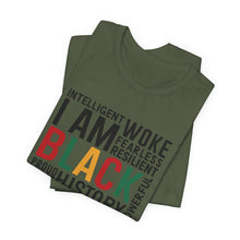 Load image into Gallery viewer, Empowering Black History Unisex Tee - WOKE, INTELLIGENT, RESILIENT
