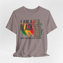 Load image into Gallery viewer, Empowered Black Woman Tee - I AM A BLACK Heart Design - Unisex Jersey Short Sleeve