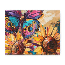Load image into Gallery viewer, Colorful Butterfly and Sunflowers Canvas Art, Nature Wall Decor, Flower Artwork, Gift for Home, Boho Decor, Vibrant Art Print
