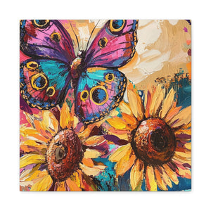Colorful Butterfly and Sunflowers Canvas Art, Nature Wall Decor, Flower Artwork, Gift for Home, Boho Decor, Vibrant Art Print