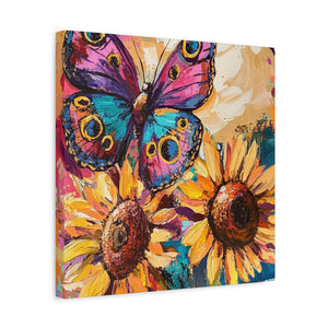 Colorful Butterfly and Sunflowers Canvas Art, Nature Wall Decor, Flower Artwork, Gift for Home, Boho Decor, Vibrant Art Print