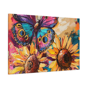 Colorful Butterfly and Sunflowers Canvas Art, Nature Wall Decor, Flower Artwork, Gift for Home, Boho Decor, Vibrant Art Print