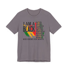 Load image into Gallery viewer, Empowered Black Woman Tee - I AM A BLACK Heart Design - Unisex Jersey Short Sleeve

