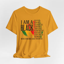 Load image into Gallery viewer, Empowered Black Woman Tee - I AM A BLACK Heart Design - Unisex Jersey Short Sleeve
