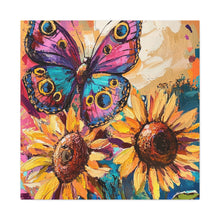 Load image into Gallery viewer, Colorful Butterfly and Sunflowers Canvas Art, Nature Wall Decor, Flower Artwork, Gift for Home, Boho Decor, Vibrant Art Print
