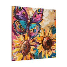 Load image into Gallery viewer, Colorful Butterfly and Sunflowers Canvas Art, Nature Wall Decor, Flower Artwork, Gift for Home, Boho Decor, Vibrant Art Print
