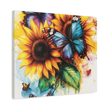 Load image into Gallery viewer, Vibrant Floral Canvas Art Print, Butterfly Wall Decor, Home Decoration, Gift for Nature Lovers, Sunshine Art
