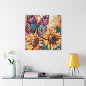 Colorful Butterfly and Sunflowers Canvas Art, Nature Wall Decor, Flower Artwork, Gift for Home, Boho Decor, Vibrant Art Print