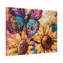Load image into Gallery viewer, Colorful Butterfly and Sunflowers Canvas Art, Nature Wall Decor, Flower Artwork, Gift for Home, Boho Decor, Vibrant Art Print
