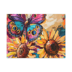 Colorful Butterfly and Sunflowers Canvas Art, Nature Wall Decor, Flower Artwork, Gift for Home, Boho Decor, Vibrant Art Print