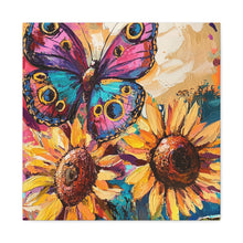 Load image into Gallery viewer, Colorful Butterfly and Sunflowers Canvas Art, Nature Wall Decor, Flower Artwork, Gift for Home, Boho Decor, Vibrant Art Print

