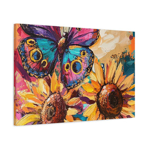 Colorful Butterfly and Sunflowers Canvas Art, Nature Wall Decor, Flower Artwork, Gift for Home, Boho Decor, Vibrant Art Print