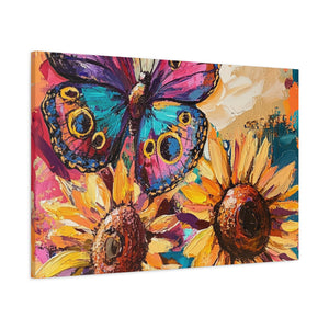 Colorful Butterfly and Sunflowers Canvas Art, Nature Wall Decor, Flower Artwork, Gift for Home, Boho Decor, Vibrant Art Print
