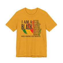 Load image into Gallery viewer, Empowered Black Woman Tee - I AM A BLACK Heart Design - Unisex Jersey Short Sleeve
