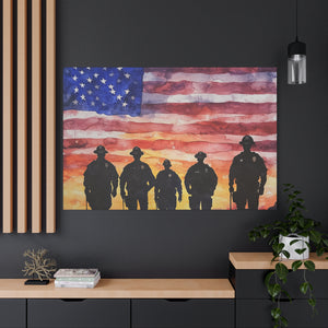 Patriotic Canvas Art - Silhouetted Police Officers with American Flag