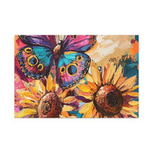 Load image into Gallery viewer, Colorful Butterfly and Sunflowers Canvas Art, Nature Wall Decor, Flower Artwork, Gift for Home, Boho Decor, Vibrant Art Print
